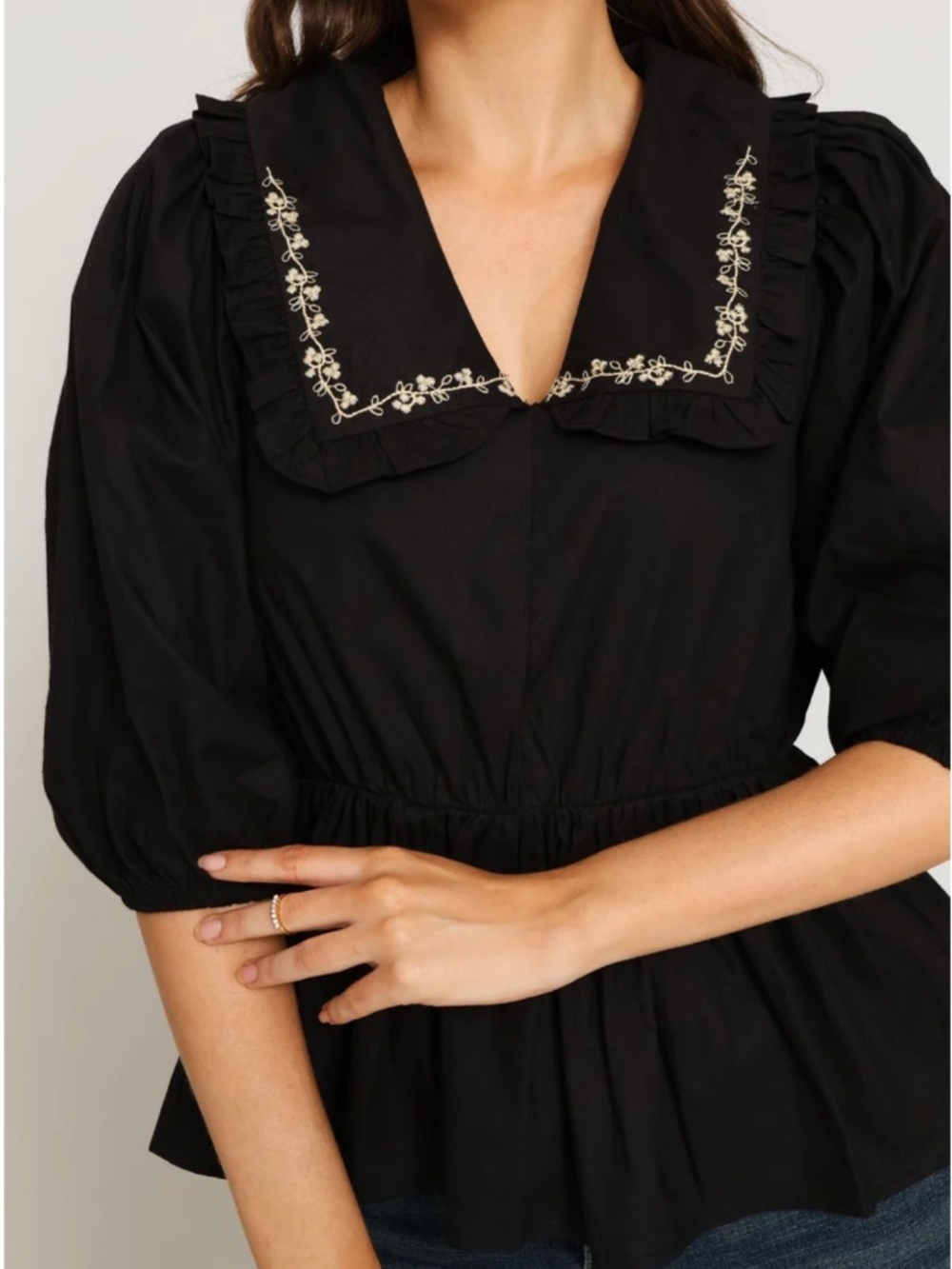 Black 3/4 Sleeve Peter-Pan Peplum Poplin Blouse - Size M